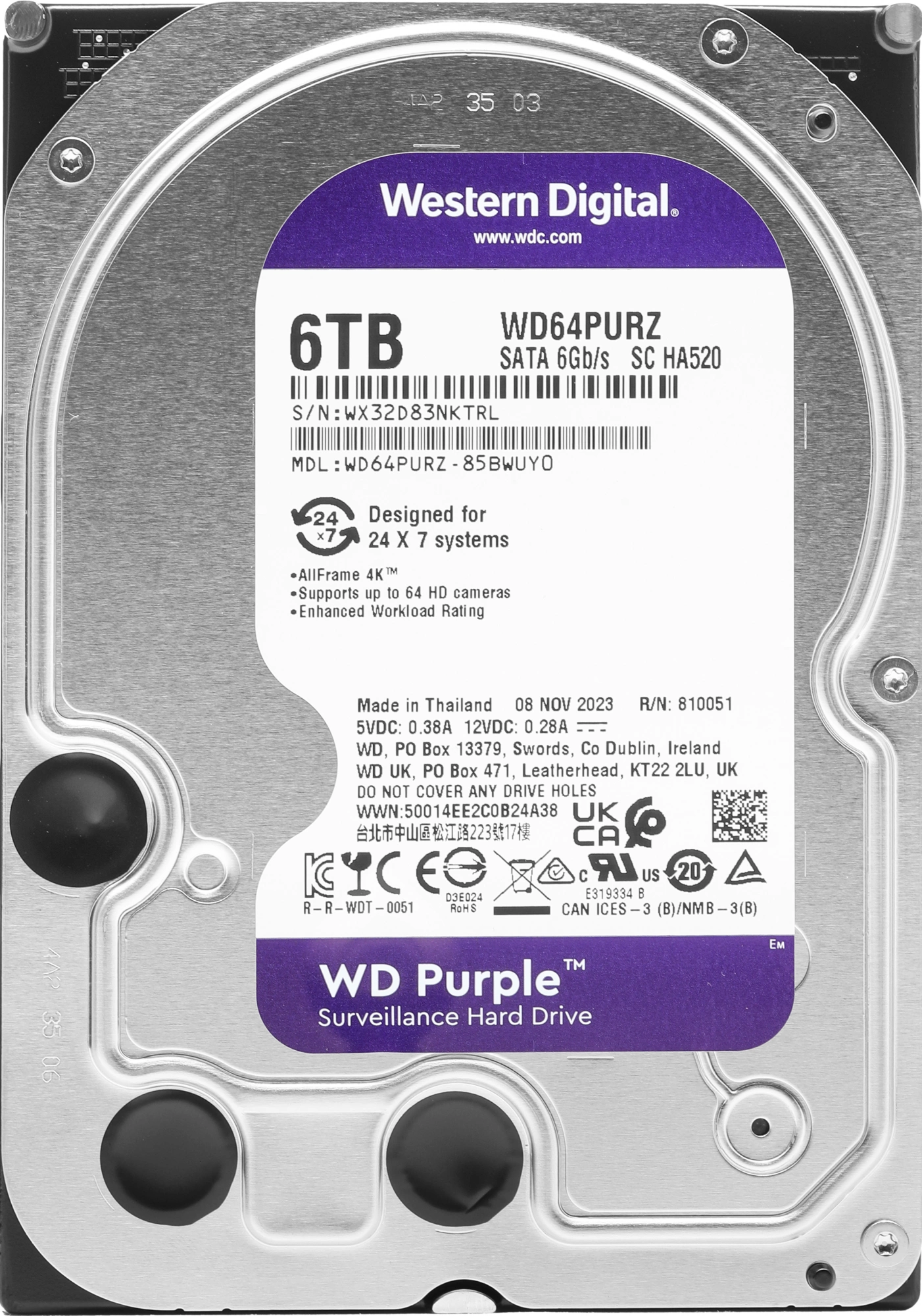 Жесткий диск WD SATA-III 6TB WD64PURZ Surveillance Purple (5400rpm) 256Mb 3.5"