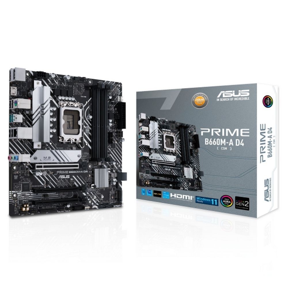 ASUS PRIME B660M-A D4-CSM (Socket 1700, mATX, 4xDDR4(128GB), DP/2xHDMI 2.1, 1xPCIe 4.0x16/2xPCIe 3.0x16, 1xLAN, 4xSATA 6Gb/s, 2xM.2, 2xUSB 3.2, 4xUSB 2.0, 1xPS/2)
