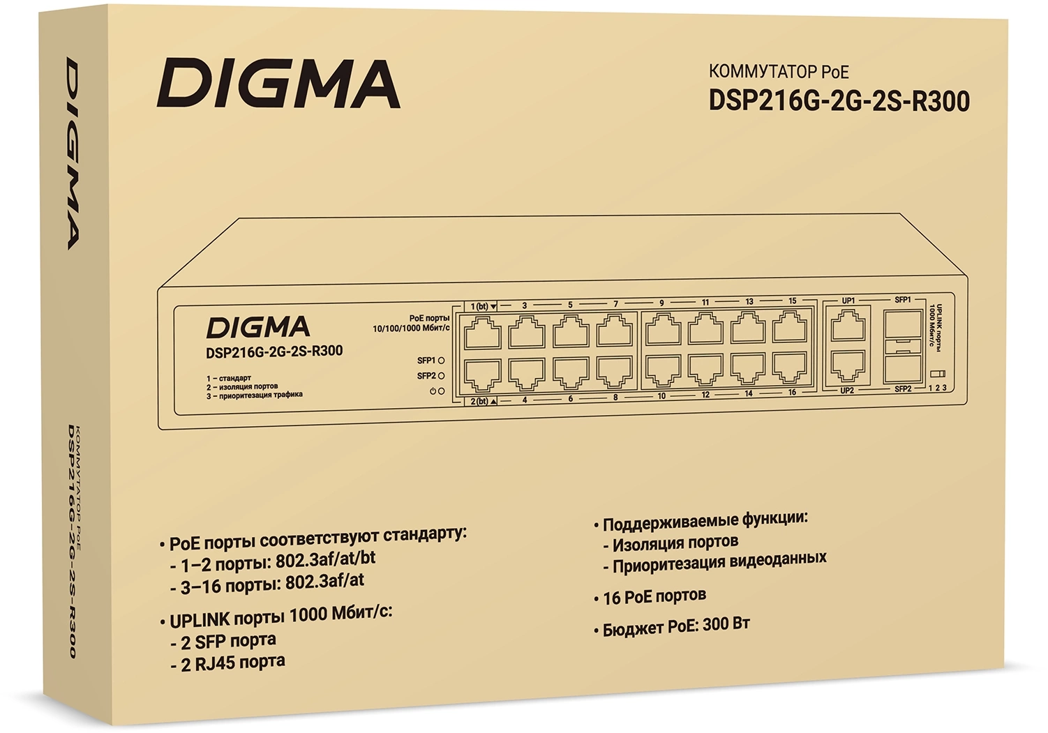 Коммутатор Digma DSP216G-2G-2S-R300 (L2) 18x1Гбит/с 2SFP 16PoE 16PoE+ 2PoE++ 300W неуправляемый