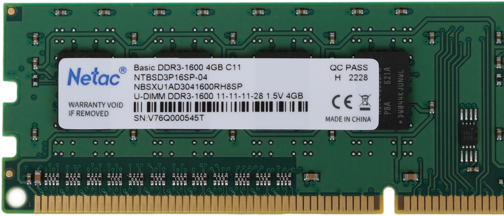 Память DDR3 4GB 1600MHz Netac NTBSD3P16SP-04 Basic RTL PC3-12800 CL11 DIMM 240-pin 1.5В dual rank Ret