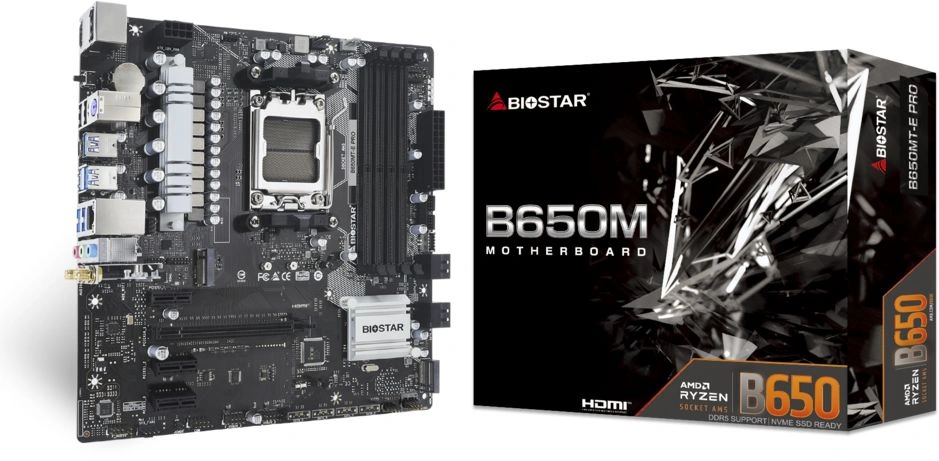 Материнская плата Biostar B650MT-E Pro Socket AM5 AMD B650 4xDDR5 mATX AC`97 8ch(7.1) 2.5Gg RAID+HDMI+DP