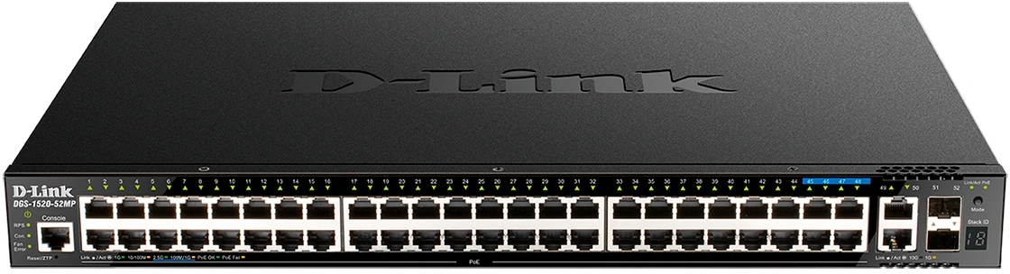 Коммутатор D-Link DGS-1520-52MP/A2A (L3) 48x1Гбит/с 2x10Гбит/с 4x2.5Гбит/с 2SFP+ 48PoE+ 370W управляемый