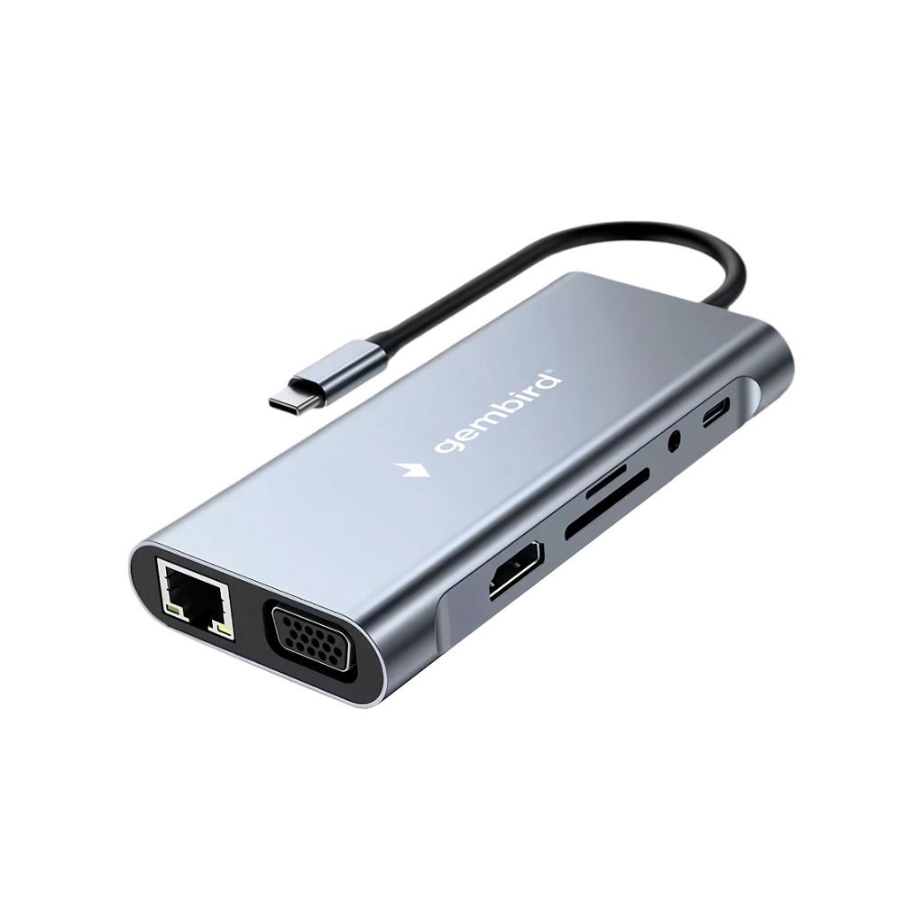 Gembird Док-станция Type-C 10в1: 3xUSB3.1, PD87W, Jack3.5, SD/TF, HDMI, RJ45, VGA, кабель15см (UHB-D4)