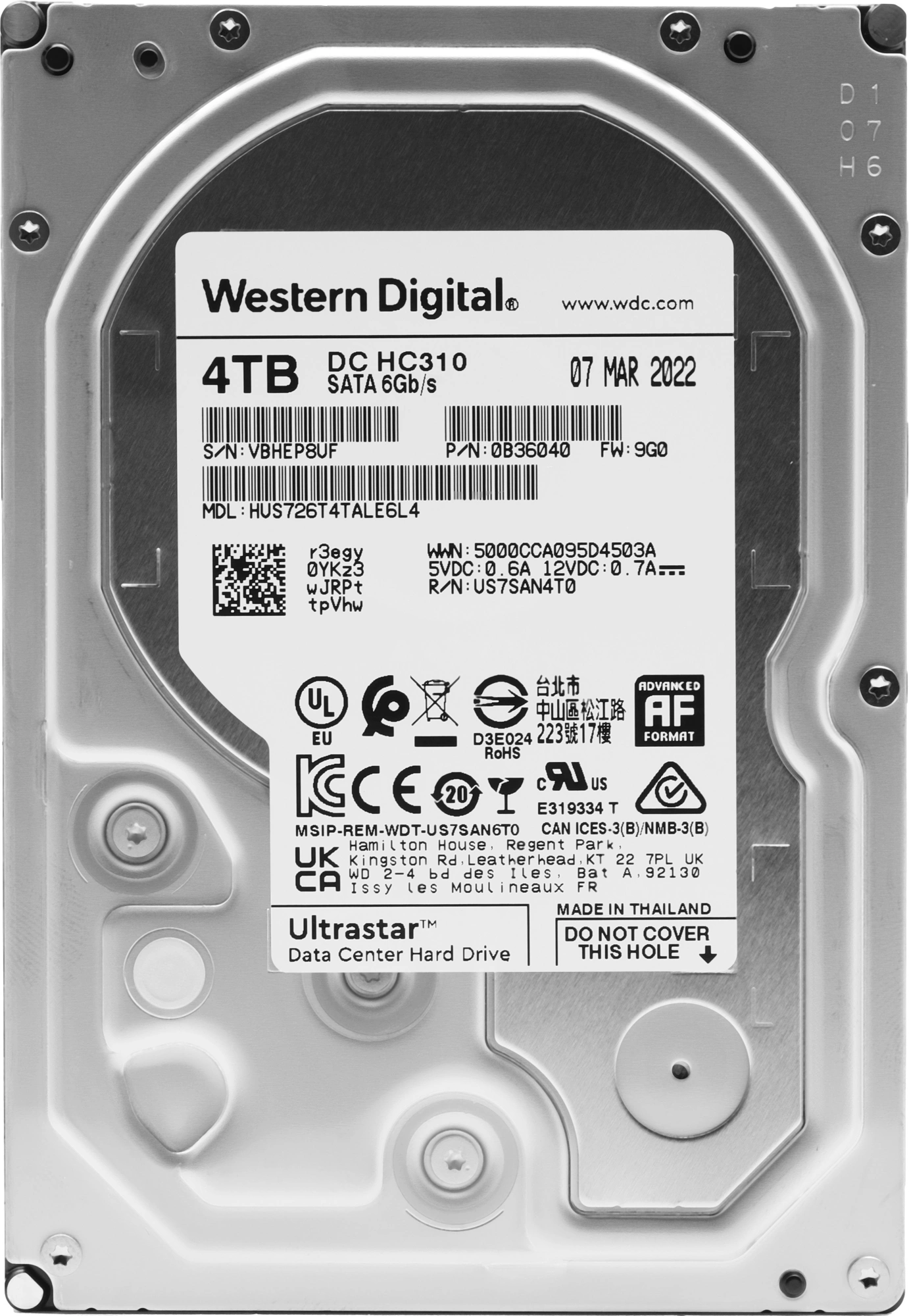 Жесткий диск WD SATA-III 4TB 0B36040 HUS726T4TALE6L4 Server Ultrastar DC HC310 512E (7200rpm) 256Mb 3.5"