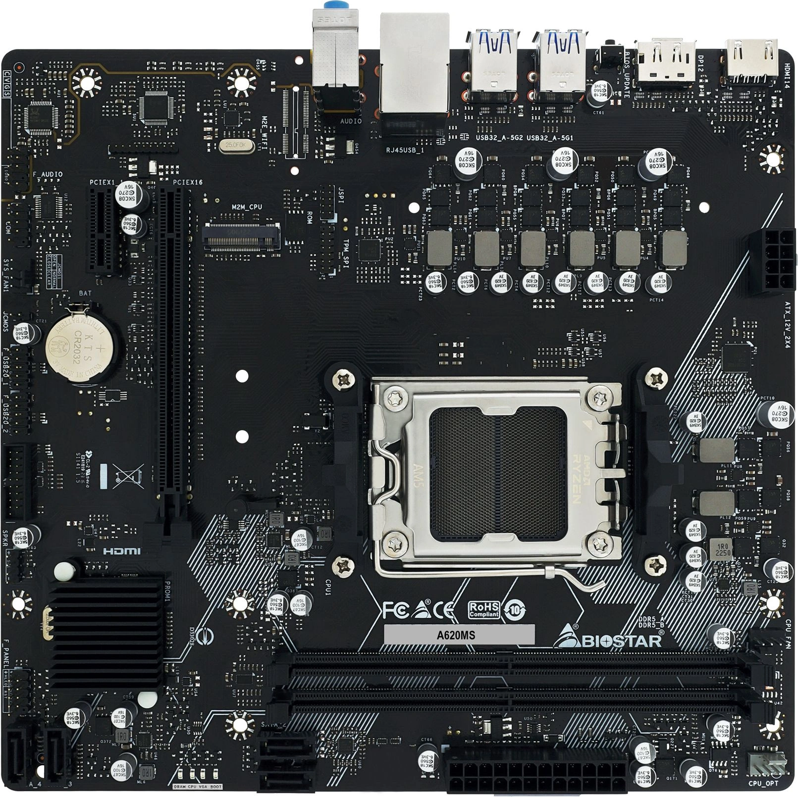 Материнская плата Biostar A620MS Socket AM5 AMD A620 2xDDR5 mATX AC`97 8ch(7.1) GbLAN RAID+HDMI+DP