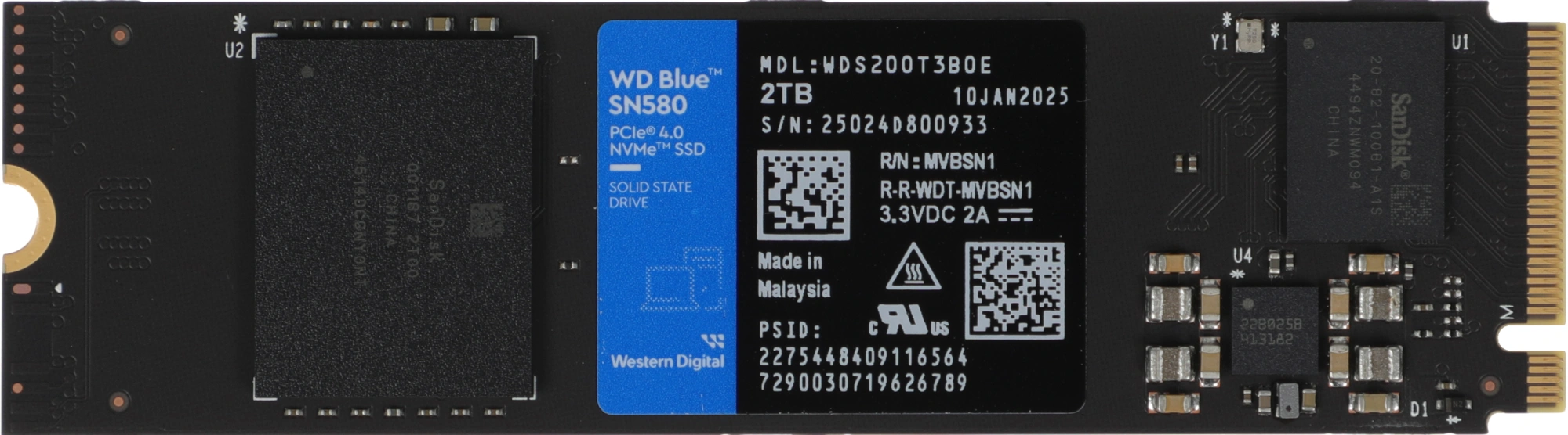 Накопитель SSD WD S PCIe 4.0 x4 2TB WDS200T3B0E Blue SN580 M.2 2280